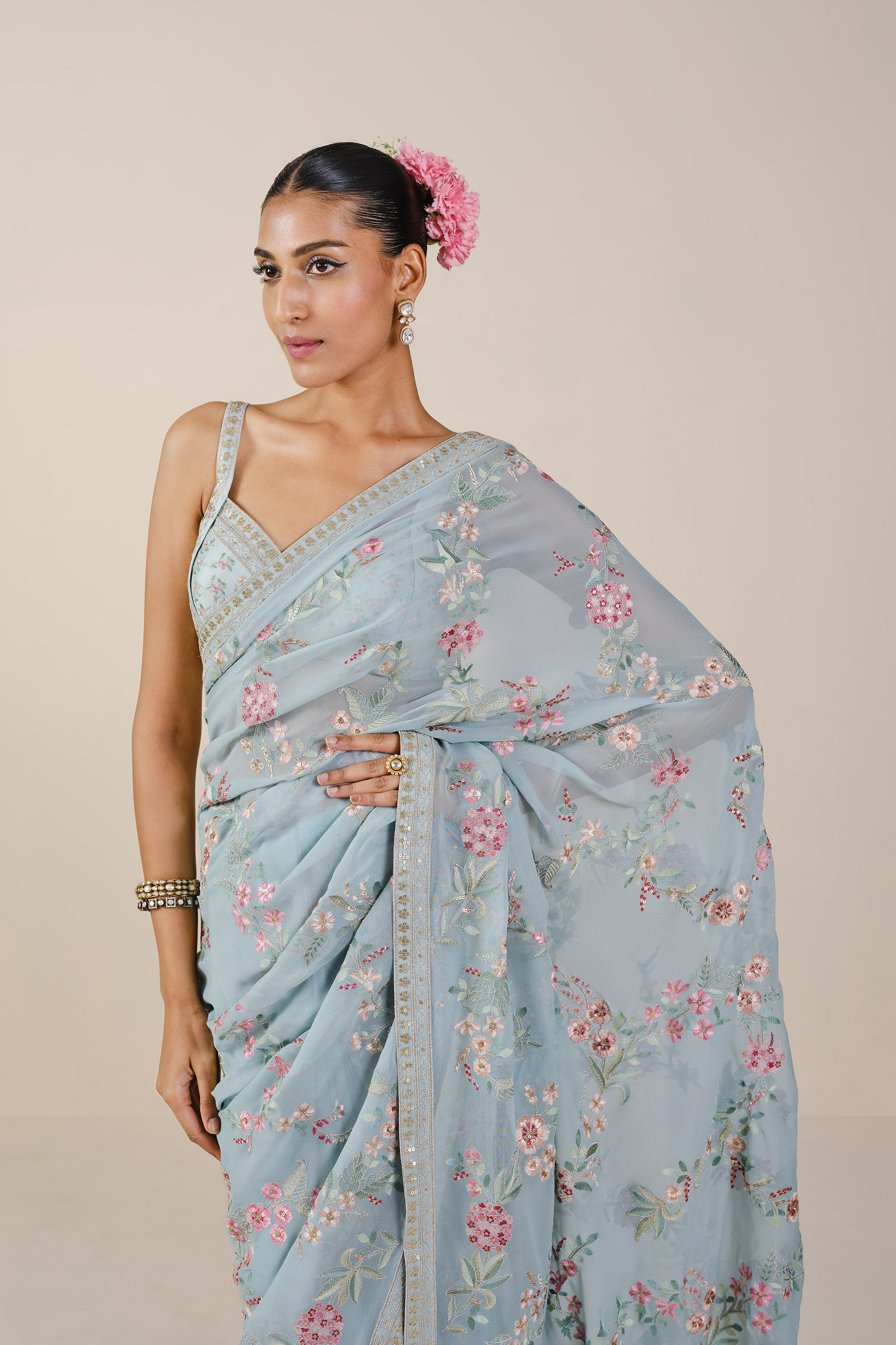 Dianthus Embroidered Georgette Saree, Powder Blue, image 4